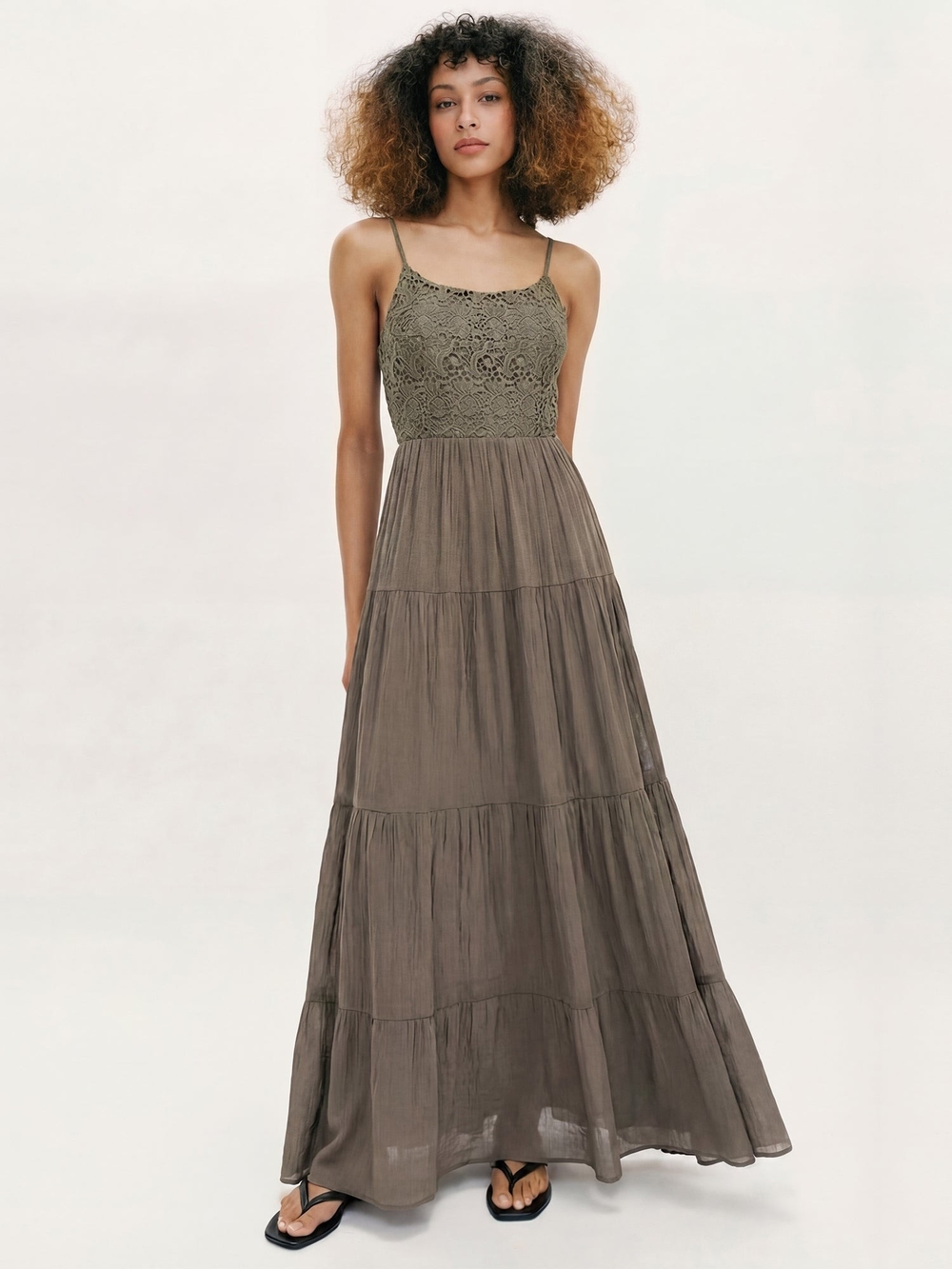 Sleeveless Lace Bodice Tiered Maxi Dress - Olive